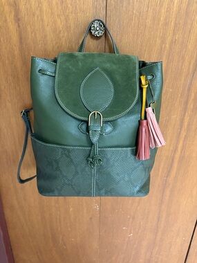 Fossil Luna Backpack Green with Snakeskin Embossed Leather - NEW